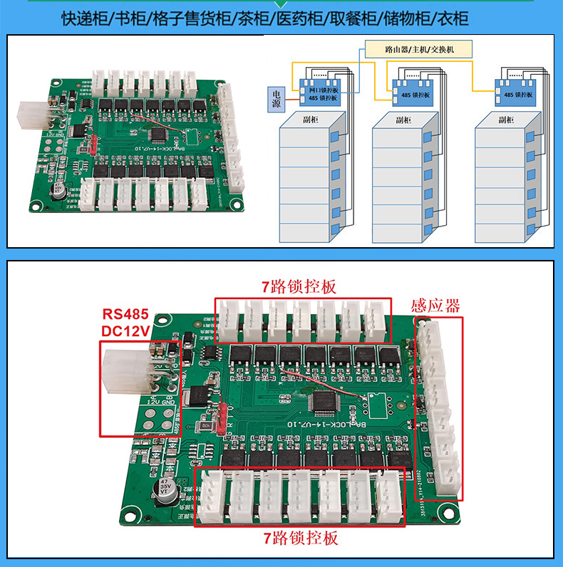 智能電子柜14路鎖控板電子鎖狀態(tài)檢測(cè)三路物體感應(yīng)物聯(lián)工業(yè)PCBA方案485串口通訊定制開(kāi)發(fā)軟件APP